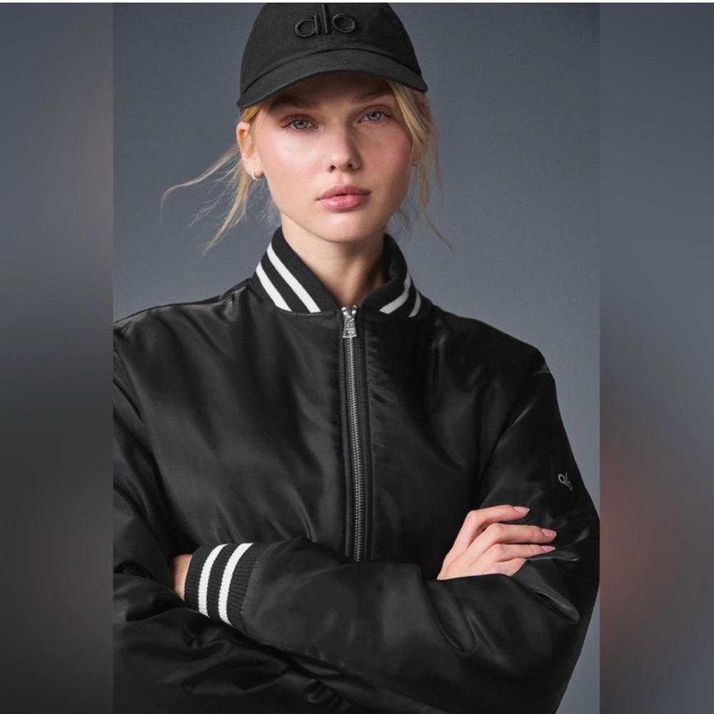 ALO Yoga Afterglow Varsity Black Bomber Oversized Jacket, Unisex, Size medium
